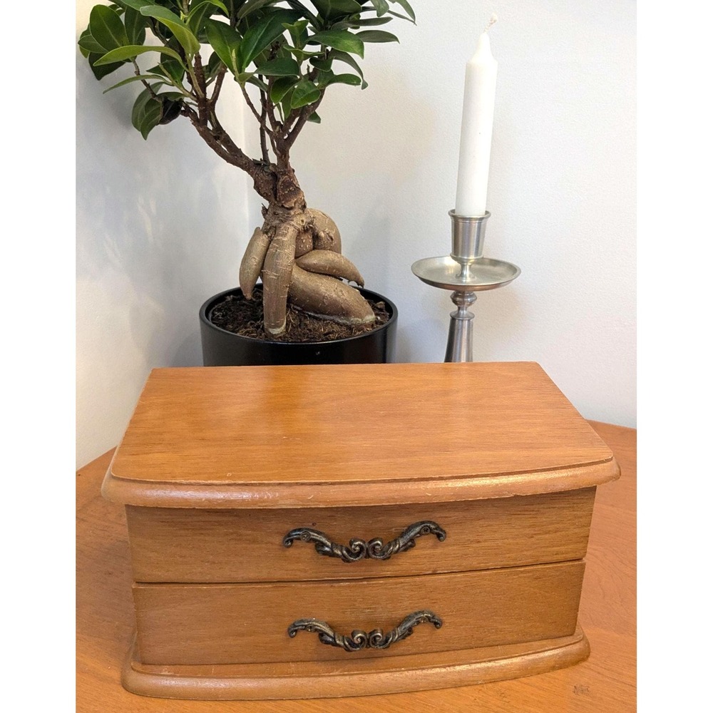 Vintage Wooden Jewelry Box with Mirror – Small Wood Jewelry Chest